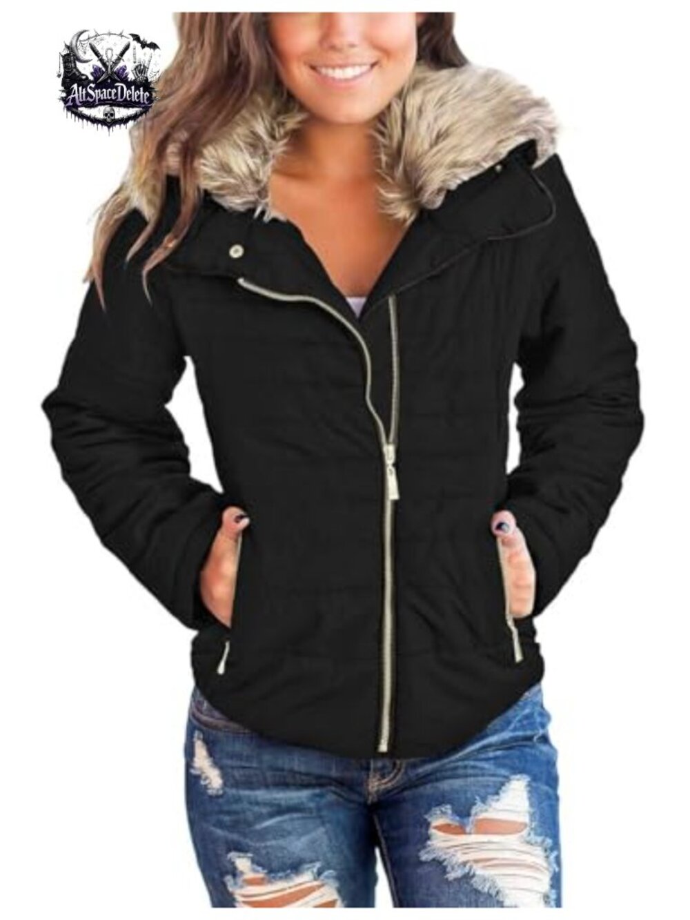 Vetinee Women Faux Fur Lapel Quilted Parka Jacket Puffer Coat Zip Pockets